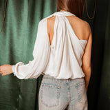 CANDLELIGHT ECRU SATIN ONE SHOULDER BLOUSE