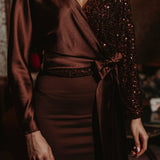 AFTERGLOW BROWN SATIN SEQUIN BLOUSE
