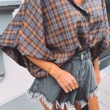 CELINE BROWN/GREY CHECKERED BLOUSE