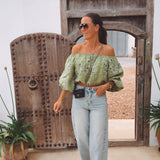 MARAVILLOSA GREEN LINEN OFF SHOULDER BLOUSE