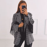 JOLENE BLACK CHECKERED FRINGE BLAZER