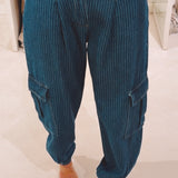 HANNELORE DARK BLUE STRIPED BALLOON CARGO JEANS