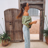 MARAVILLOSA GREEN LINEN OFF SHOULDER BLOUSE