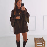 JOLENE BROWN CHECKERED FRINGE BLAZER