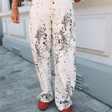 BEIGE ABSTRACT SPLATTER PRINT WIDE LEG