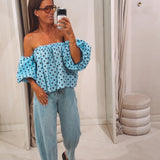 ELIN LIGHT BLUE/BROWN POLKADOTS OFF SHOULDER BLOUSE