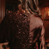 AFTERGLOW BROWN SATIN SEQUIN BLOUSE