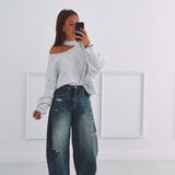 FALL IS COMING LIGHT GREY CUT-OUT SWEATER