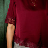 ROCKIN' AROUND BORDEAUX ASYMMETRIC SATIN LACE BLOUSE