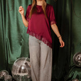 ROCKIN' AROUND BORDEAUX ASYMMETRIC SATIN LACE BLOUSE