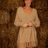 PIPPA WARM BEIGE KNIT FRINGE DRESS
