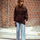 SHADOWLEAF BROWN ASYMMETRIC SATIN LACE TOP