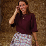 SAVANNAH BURGUNDY/BLUE CHECKERED WRAP SKORT