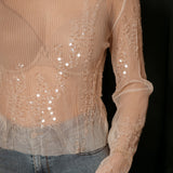 PARTY FEVER ECRU PLISSE SEQUIN BLOUSE