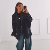 JOLENE DARK BLUE CHECKERED FRINGE BLAZER