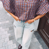 IDRA CAMEL/BLUE CHECKERED BLOUSE