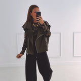 TINA KHAKI LEATHER SLEEVELESS JACKET