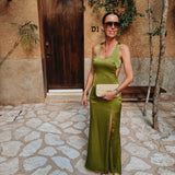 BONANZA OLIVE GREEN SATIN DRESS