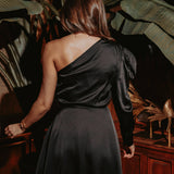 FABULOUS BLACK SATIN ONE SHOULDER DRESS