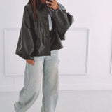 AMELIE KHAKI SHINY LEATHER JACKET