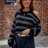 AISLING DARK BLUE STRIPED CUT-OUT SWEATER