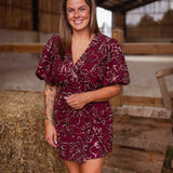 WYNDI BURGUNDY SEQUIN FLOWER WRAP DRESS