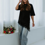NORA BLACK LONG ASYMMETRIC LACE T-SHIRT