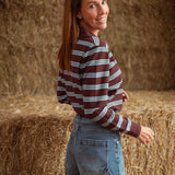 QUINLYN BROWN STRIPED LONGSLEEVE POLO SHIRT