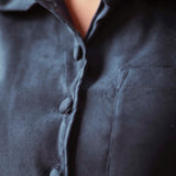 SKYLAR DARK BLUE SUEDE BUTTON BLOUSE