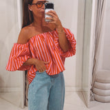 ELIN PINK/RED STRIPED OFF SHOULDER BLOUSE