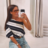 ALORA DARK BLUE STRIPED ONE SHOULDER T-SHIRT