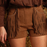 EDNA CAMEL SUEDE FRINGE SHORT