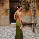 BONANZA OLIVE GREEN SATIN DRESS