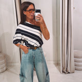 ALORA DARK BLUE STRIPED ONE SHOULDER T-SHIRT