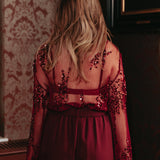 PARTY FEVER BORDEAUX PLISSE SEQUIN BLOUSE