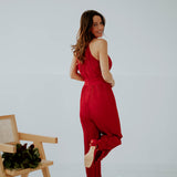 KISS ME RED PLISSE HALTER JUMPSUIT