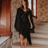 GLITTER KISS BLACK ASYMMETRIC DRESS