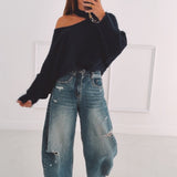 FALL IS COMING DARK BLUE CUT-OUT SWEATER