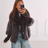 ZORA BROWN LEATHER FAUX FUR COLLAR JACKET