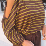 MARABETH KHAKI/BROWN STRIPED CUT-OUT SWEATER