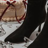 NIGHTFLARE BLACK SUEDE HEEL BOOTS