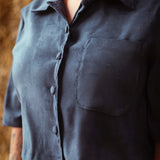 SKYLAR DARK BLUE SUEDE BUTTON BLOUSE