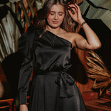 FABULOUS BLACK SATIN ONE SHOULDER DRESS