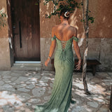 LUNESSA KHAKI LACE OFF SHOULDER DRESS