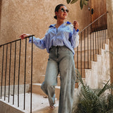 ISABELA LIGHT BLUE STRIPED LACE BLOUSE