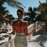 CORAZON DE MEXICO MINT GREEN SATIN HALTER DRESS