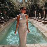 SAN PANCHO LIGHT BLUE LACE HALTER DRESS