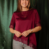 ROCKIN' AROUND BORDEAUX ASYMMETRIC SATIN LACE BLOUSE