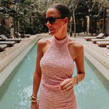 SAN PANCHO LIGHT PINK LACE HALTER DRESS