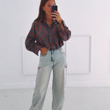 KELSEY DARK GREY/ORANGE CHECKERED BLOUSE